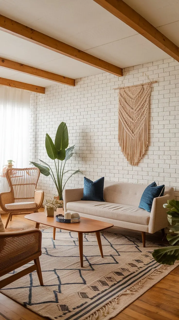 Cozy vibes and mid-century modern charm collide in this sun-drenched living room. The exposed wooden beams and white brick wall create a stunning backdrop for the beige sofa, rattan chair, and patterned rug, all contributing to a relaxed boho farmhouse aesthetic. A touch of macrame and a leafy green plant add the perfect finishing touches.