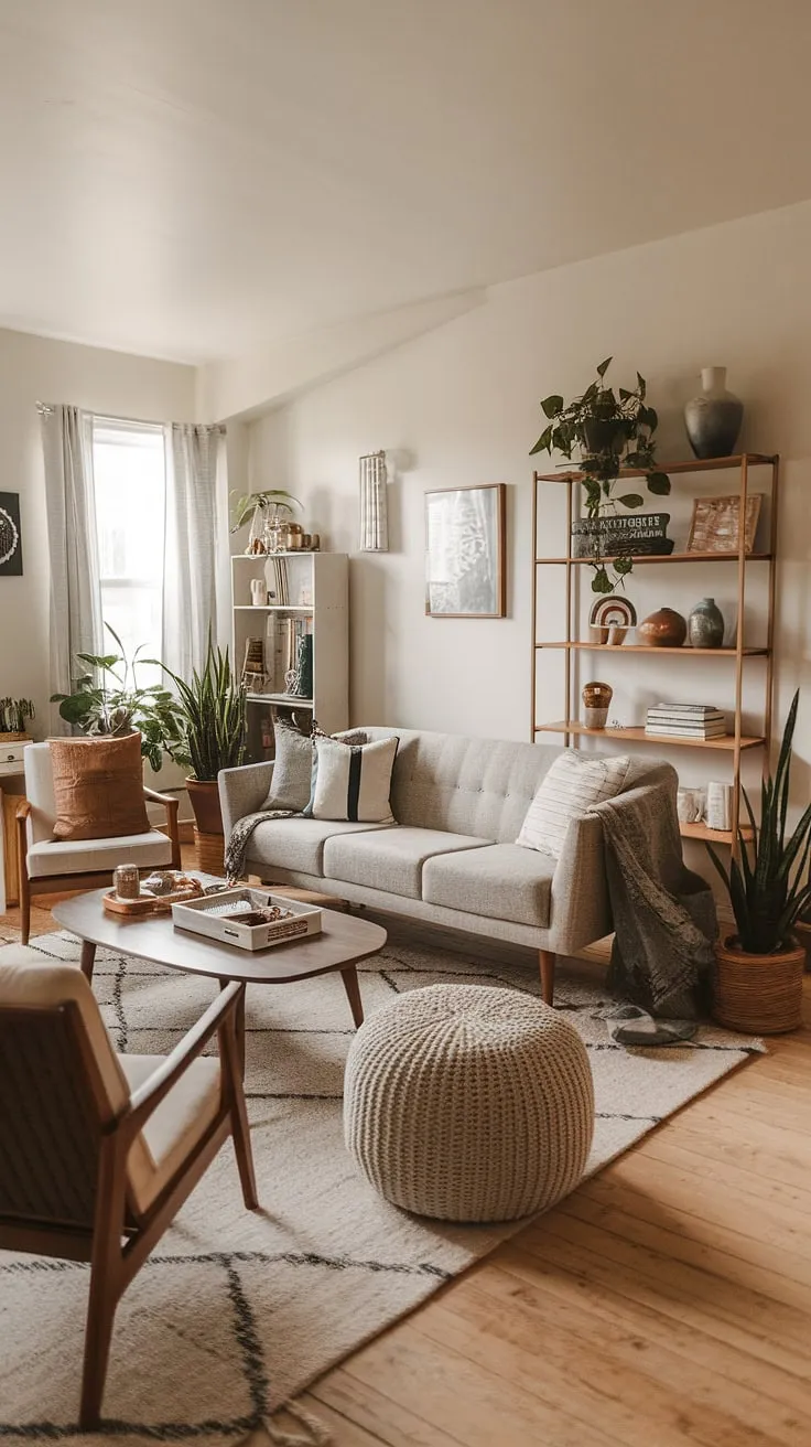 Mid-century modern meets farmhouse charm in this cozy living room. The warm wood tones, plush seating, and carefully curated details create a space that's both stylish and inviting. A perfect blend of old and new, this room effortlessly balances comfort and sophistication.