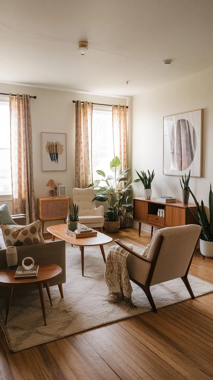 This mid-century boho living room is a sanctuary of comfort and style. The neutral palette is punctuated by carefully curated artwork and lush greenery, creating a space that feels both relaxed and refined. A rustic wooden floor grounds the design, while the comfortable seating encourages lingering conversations and quiet evenings. A true haven.