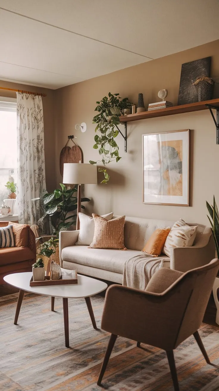 Sun-drenched serenity in this mid-century boho living room. The warm beige walls and patterned rug create a cozy atmosphere, perfectly complemented by the eclectic mix of textures and patterns on the sofa and chair. A touch of farmhouse charm adds to the inviting ambiance, making it the perfect space to unwind and relax.