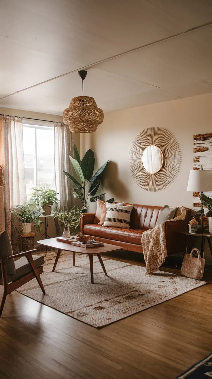 Warmth, texture, and a touch of mid-century magic define this boho-infused living room. The natural light dances across the wood floors, highlighting the eclectic mix of furniture and the carefully curated collection of plants, creating a space that feels both effortlessly stylish and wonderfully cozy. A perfect blend of old and new, this room is a testament to the power of thoughtful design.