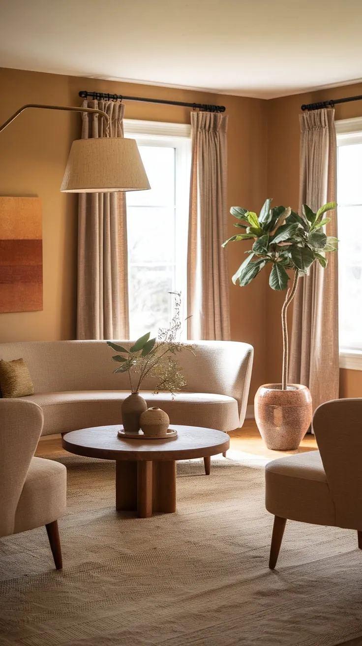 This modern farmhouse living room seamlessly blends mid-century modern and boho aesthetics. The neutral color palette, punctuated by the organic shapes of the furniture and the lush greenery, creates a calming and inviting atmosphere. A testament to the power of thoughtful design and curated details.