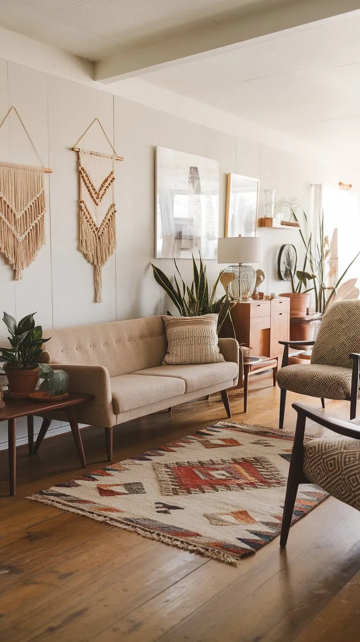 A sanctuary of calm, this living room effortlessly blends mid-century modern lines with bohemian spirit. The interplay of textures, from the woven rug to the plush sofa, creates a space that's both inviting and visually stunning. A testament to the power of thoughtful design and the beauty of curated living.