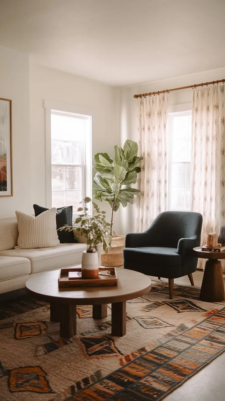 This sun-drenched living room effortlessly blends mid-century boho style with modern farmhouse elements. The neutral color palette, punctuated by the rich blue chair, creates a serene and stylish space, ideal for unwinding after a long day. A testament to the beauty of thoughtful design and comfortable living.