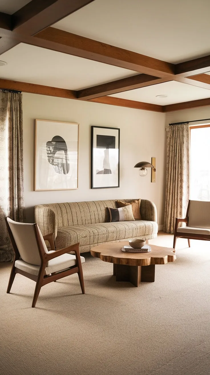 Warmth, texture, and a touch of mid-century magic define this living room. The interplay of natural wood, A unique patterned sofa, and carefully curated art creates a space that's both inviting and effortlessly stylish.