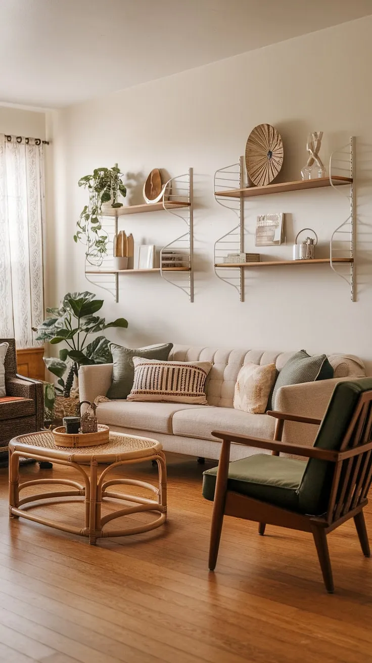 Relax and unwind in this beautifully curated mid-century boho living room. The rich textures, from the woven rattan coffee table to the patterned cushions, create a cozy and inviting atmosphere. A sanctuary for quiet contemplation and cherished moments.