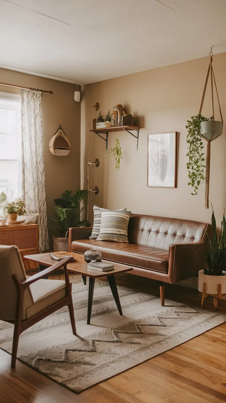 A mid-century modern farmhouse living room, effortlessly blending rustic charm with sleek lines. The warm beige walls and curated collection of plants create a cozy and inviting atmosphere, perfectly complemented by the vintage furniture and thoughtful decorative accents. This space is a testament to the beauty of balanced design.