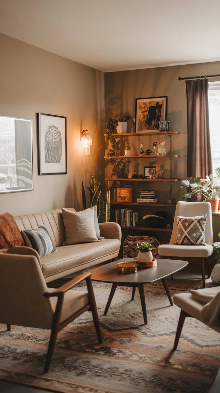 Escape the ordinary in this thoughtfully designed living room. A harmonious mix of mid-century modern lines and bohemian spirit, this space is a testament to relaxed elegance. The neutral palette, punctuated by pops of color and texture, creates a sanctuary where you can unwind and recharge. A true reflection of personal style.