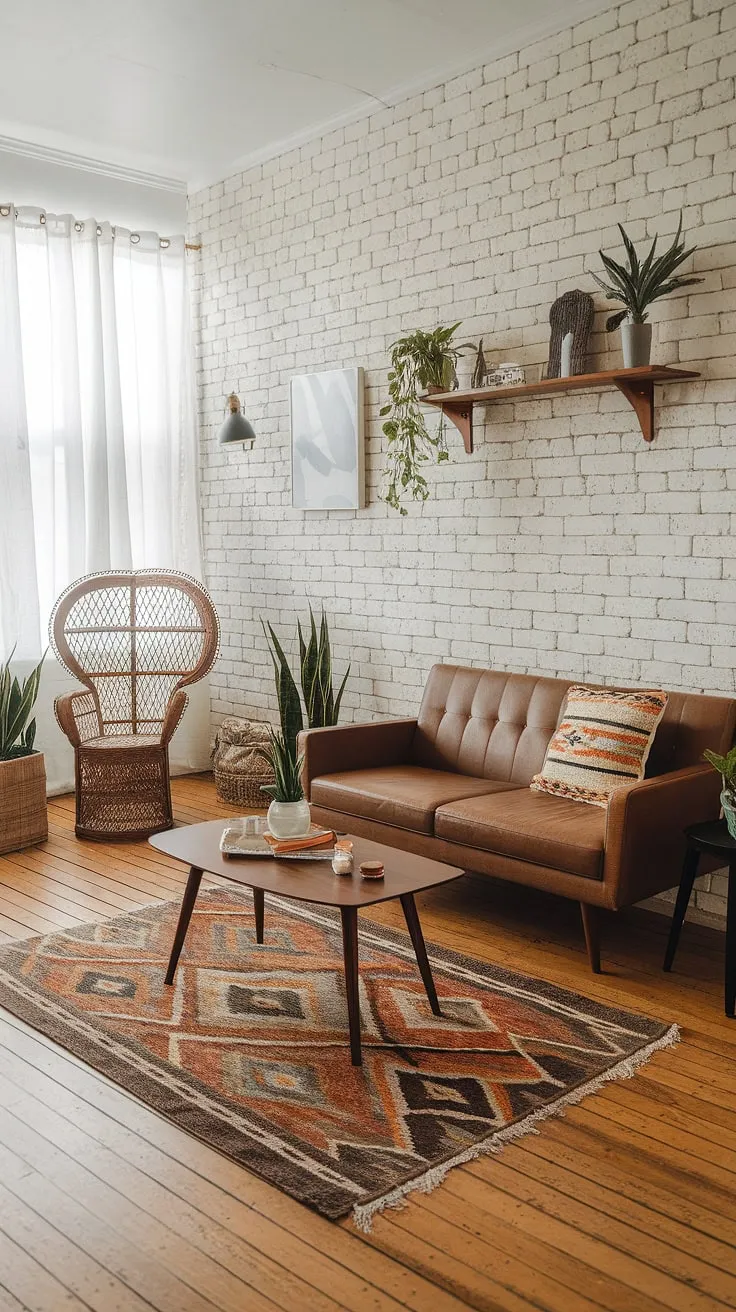 Where mid-century modern meets boho farmhouse charm. The warm wood floors, white brick wall, and eclectic mix of textures create a space that's both inviting and effortlessly stylish. A perfect blend of vintage finds and contemporary comfort.