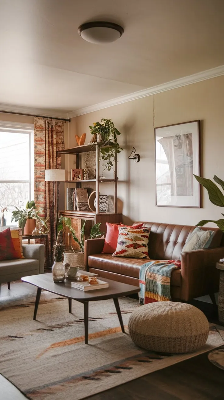 Escape the ordinary in this mid-century modern farmhouse living room. The carefully curated collection of furniture, plants, and decorative accents creates a space that is both stylish and supremely comfortable. A perfect blend of rustic and refined, this room is a testament to the beauty of thoughtful design and the joy of creating a home that truly reflects your personality.