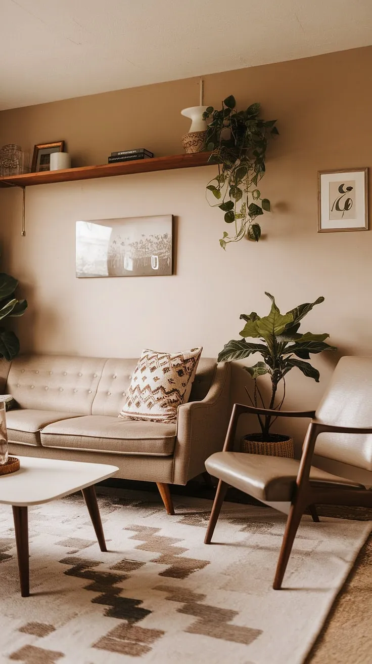 Warmth, comfort, and a touch of vintage charm define this mid-century boho living room. The neutral palette, punctuated by textured throws and a leafy green plant, creates a serene and inviting atmosphere. A perfect blend of farmhouse simplicity and bohemian spirit.