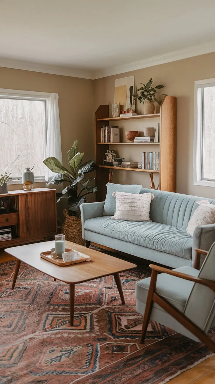 This mid-century modern farmhouse living room is a testament to the beauty of blending styles. The light blue sofa, wooden coffee table, and patterned rug create a space that is both inviting and sophisticated. The addition of a potted plant and a well-stocked bookshelf adds warmth and personality, resulting in a truly unique and comfortable a atmosphere.