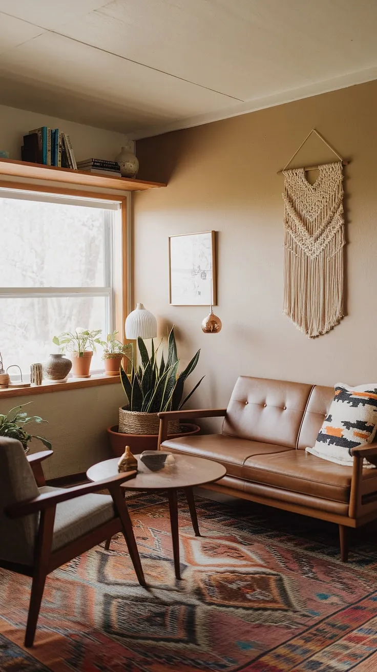 This mid-century modern farmhouse living room effortlessly blends vintage charm with bohemian flair. The neutral beige walls provide a perfect backdrop for the rich textures of the rug and macrame, while the mid-century sofa and chair offer comfortable seating. Every detail, from the wooden shelf to the carefully chosen plants, contributes to the room's inviting and peaceful ambiance.