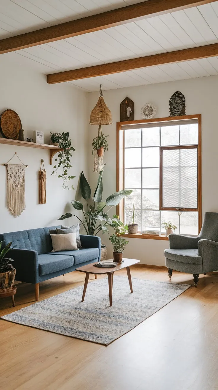 This mid-century boho living room effortlessly blends farmhouse charm with a touch of vintage flair. The exposed wooden beams and light-filled space are perfectly balanced by the rich blue sofa and eclectic accessories. A curated collection of plants, a woven basket, and a vintage lantern add layers of texture and personality, creating a space that's both stylish and incredibly inviting. A perfect example of how to create a home that truly reflects your unique style.