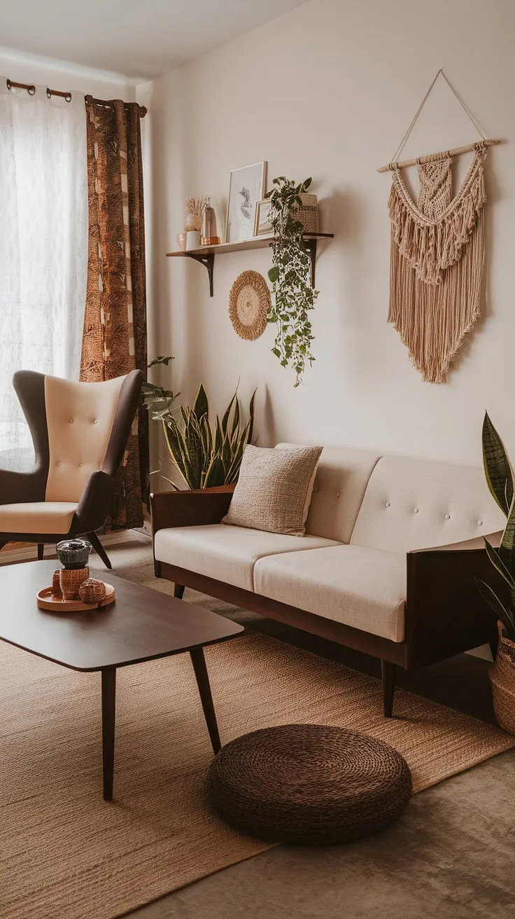 Sun-drenched serenity in this mid-century boho haven. The warm tones of the furniture, the handcrafted textures, and the lush greenery create a space that's both stylish and incredibly inviting. A perfect blend of vintage charm and modern comfort.