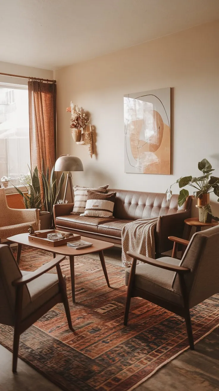 Escape the everyday in this inviting mid-century boho living room. A curated collection of vintage pieces, lush plants, and soft textures combine to create an atmosphere of effortless style and tranquil comfort. A space designed for unwinding and embracing the simple pleasures.