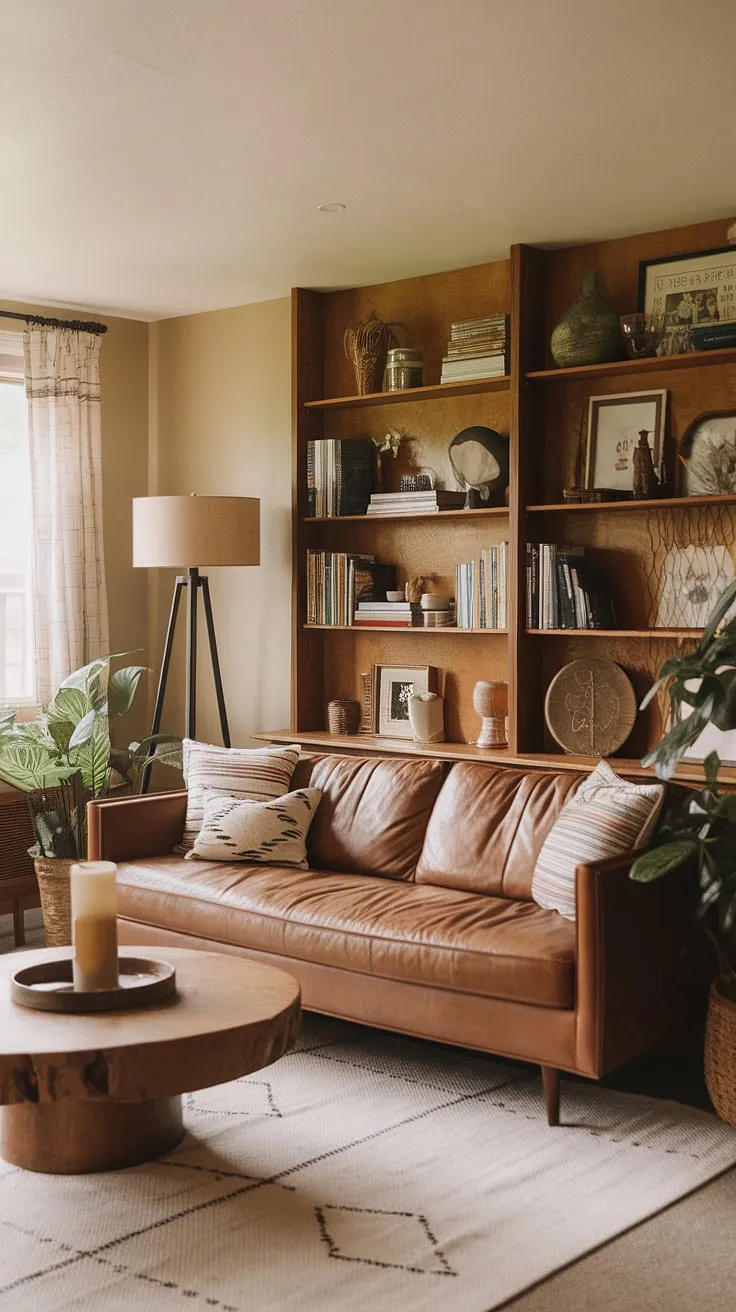 This mid-century modern farmhouse living room effortlessly blends boho vibes with rustic charm. The natural light, textured fabrics, and carefully chosen details create a space that feels both inviting and sophisticated. A sanctuary for relaxation and soulful living.
