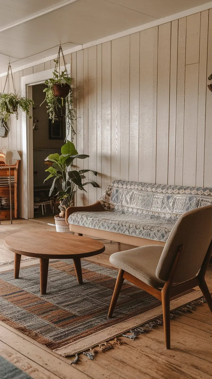 Sunlight streams through the farmhouse windows, illuminating the eclectic charm of this mid-century boho living room. The blue and white patterned sofa, paired with a curved mid-century modern chair, creates a relaxed yet sophisticated atmosphere. A wooden coffee table, a patterned rug, and a thriving potted plant complete the scene, showcasing a harmonious blend of textures and styles. The wooden paneling adds warmth, while the hanging plants near the entrance bring a touch of nature indoors. This space perfectly embodies the effortless style of a mid-century farmhouse aesthetic.