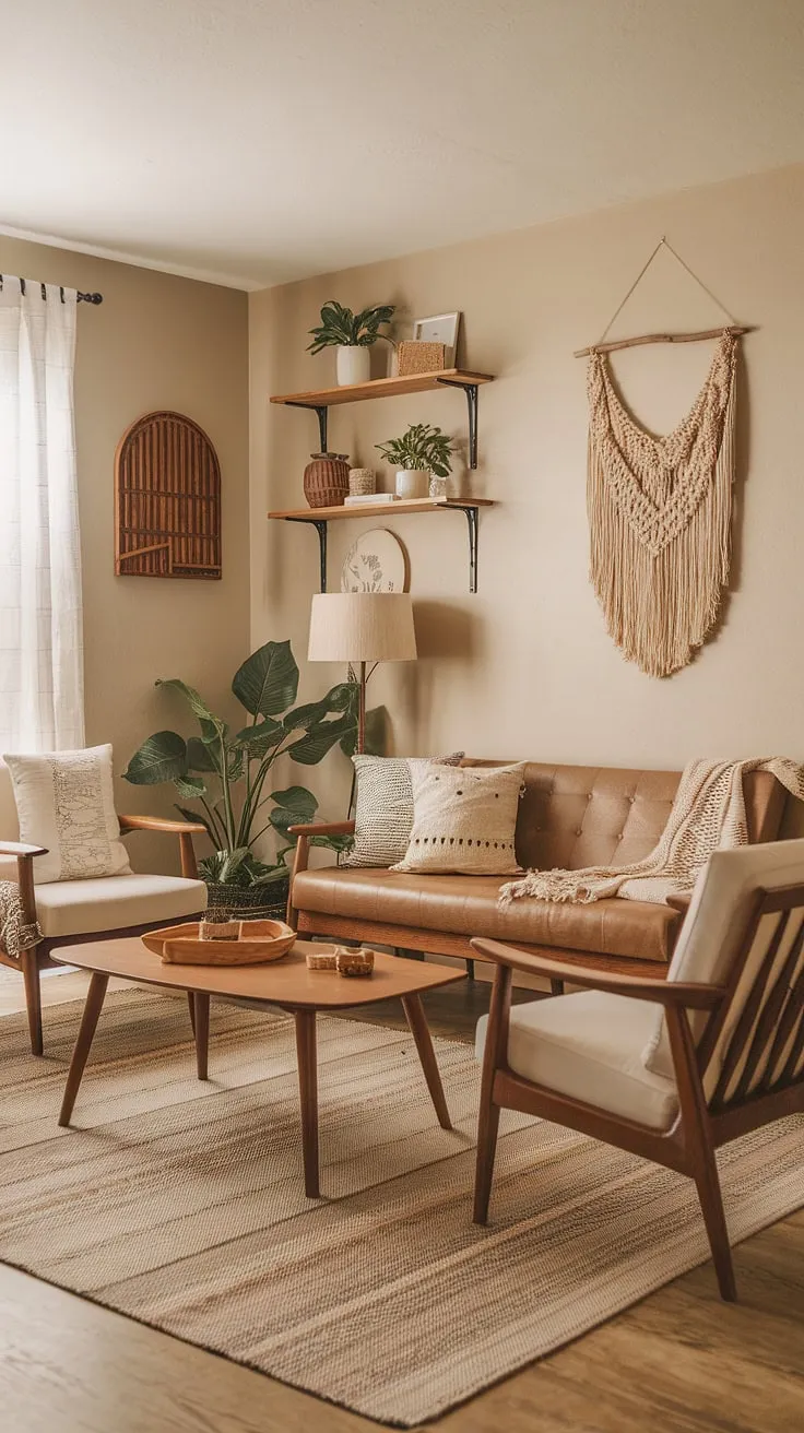 This eclectic living room effortlessly blends mid-century modern lines with rustic farmhouse charm. The neutral color palette, punctuated by the rich textures of the woven rug and wooden coffee table, creates a serene and welcoming atmosphere. A testament to the beauty of curated, comfortable living.