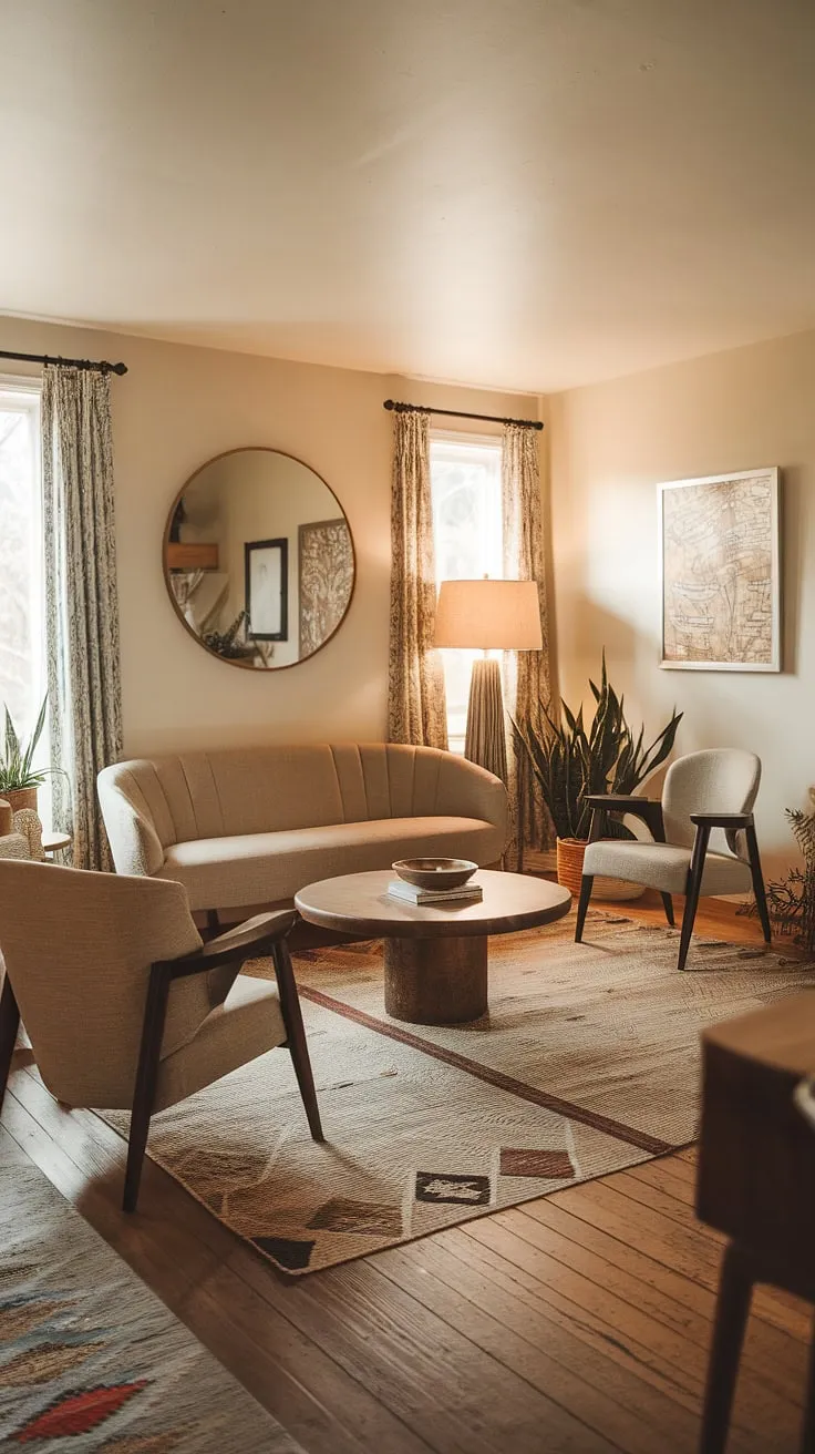 This mid-century boho living room, nestled within a charming farmhouse, is a haven of calm and sophistication. The rich wood tones, plush textures, and carefully chosen artwork create a space that's both visually stunning and deeply comforting. A true reflection of personal style, this room is a testament to the power of thoughtful design.