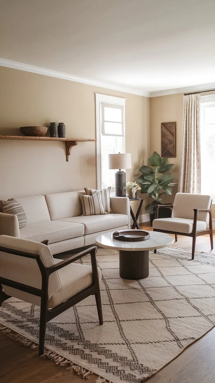 Warmth and style collide in this boho-inspired living room. The neutral palette is punctuated by the rich tones of the dark wood furniture and the cool elegance of the marble coffee table. The carefully chosen accessories, from the woven rug to the carefully placed plant, create a space that feels both relaxed and refined, a testament to the power of thoughtful design.