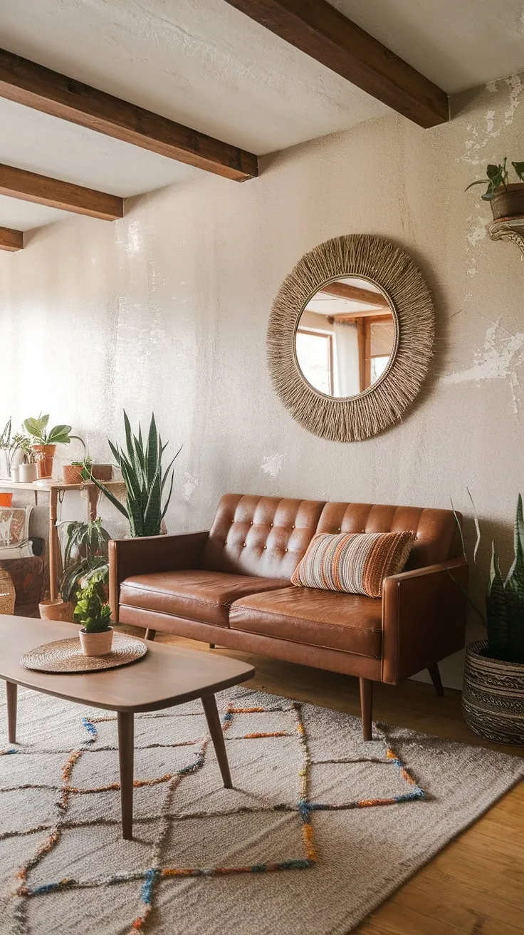 This farmhouse living room effortlessly blends the clean lines of mid-century modern design with the relaxed warmth of bohemian style. The result? A space that's both stylish and incredibly comfortable, a testament to thoughtful design and curated living.