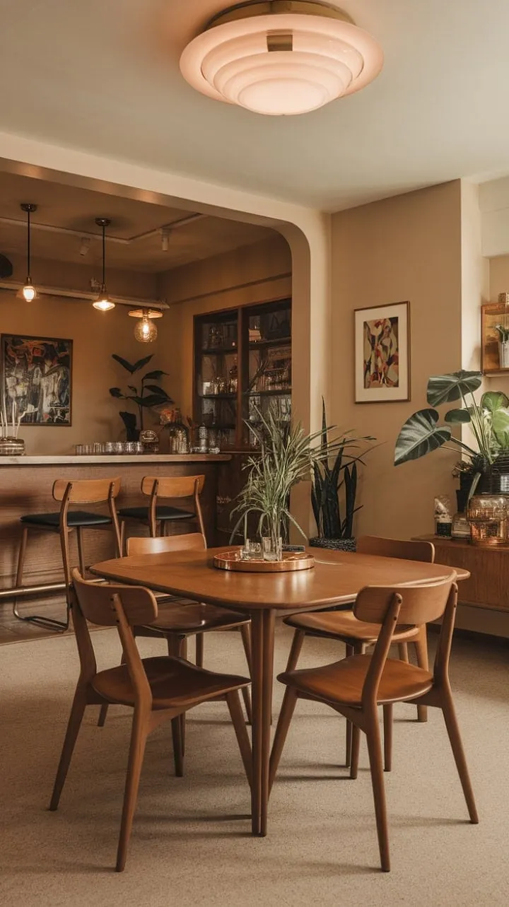 This dining room blends warm lighting and rich wood tones with mid-century charm, creating a sophisticated yet inviting haven for memorable gatherings.