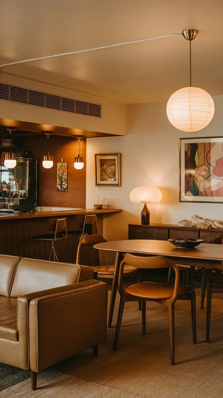 In this retro-inspired dining room, a warm lamp glow and elegant decor create an inviting atmosphere perfect for conversation and connection.