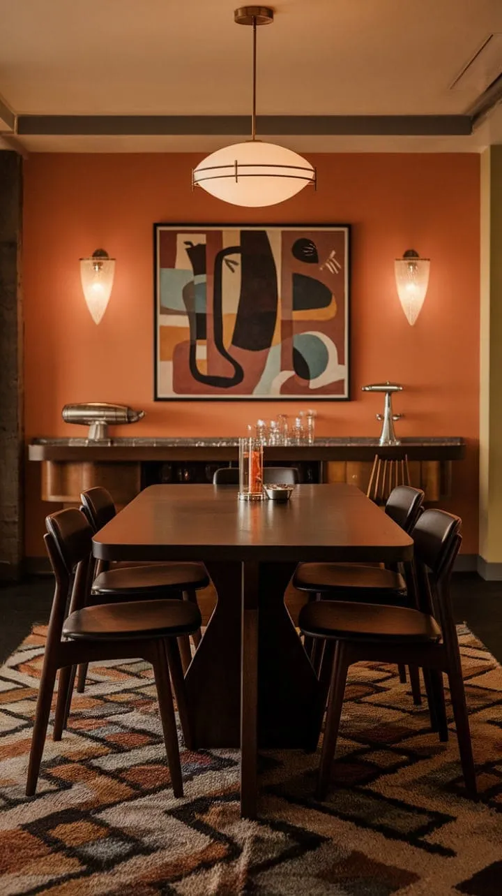 This mid-century modern dream fuses rich textures and vibrant colors, featuring a dark wood dining set, playful orange walls, and a chic retro bar for stylish entertaining.