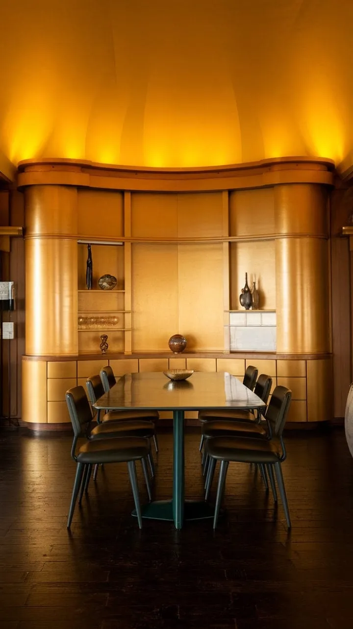 Bathed in the golden glow of sunset, this mid-century modern dining room exudes sophistication with its dark green set and elegant curved wall unit, embodying a stylish sanctuary of intentional living.
