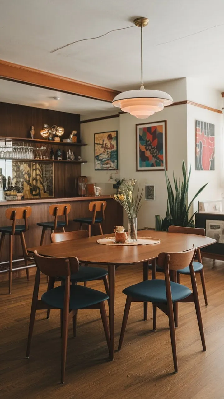 This mid-century modern dining space exudes sophistication with warm wood tones, curated artwork, lush greenery, and a retro glow, making it an inviting haven for entertaining.