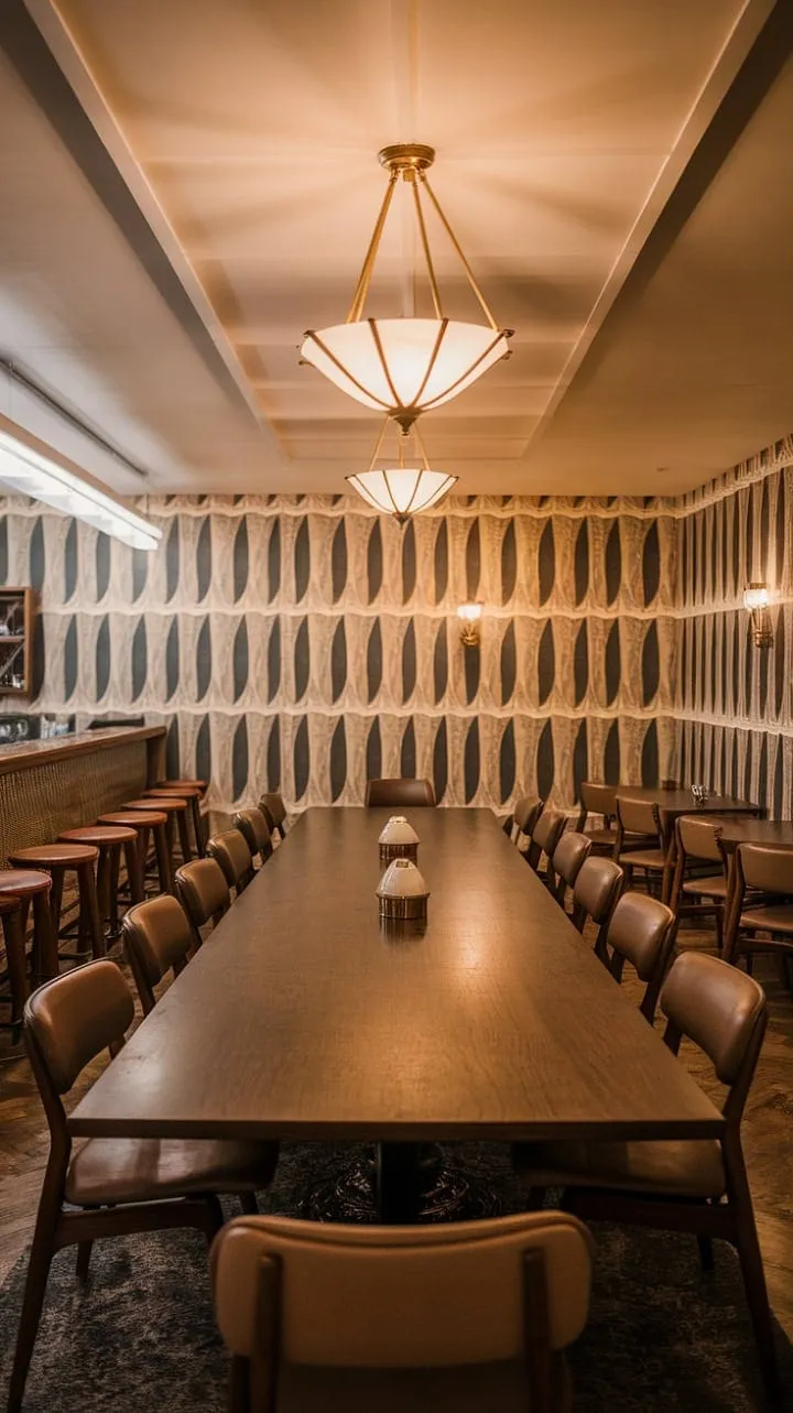 This mid-century modern dining room, with its warm lighting and luxurious chandelier, offers an elegant backdrop for unforgettable gatherings.
