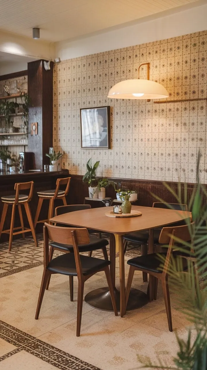 This mid-century modern dining space blends warm wood tones, patterned floors, and greenery with a chic bar area, creating an inviting and timeless atmosphere for stylish gatherings.