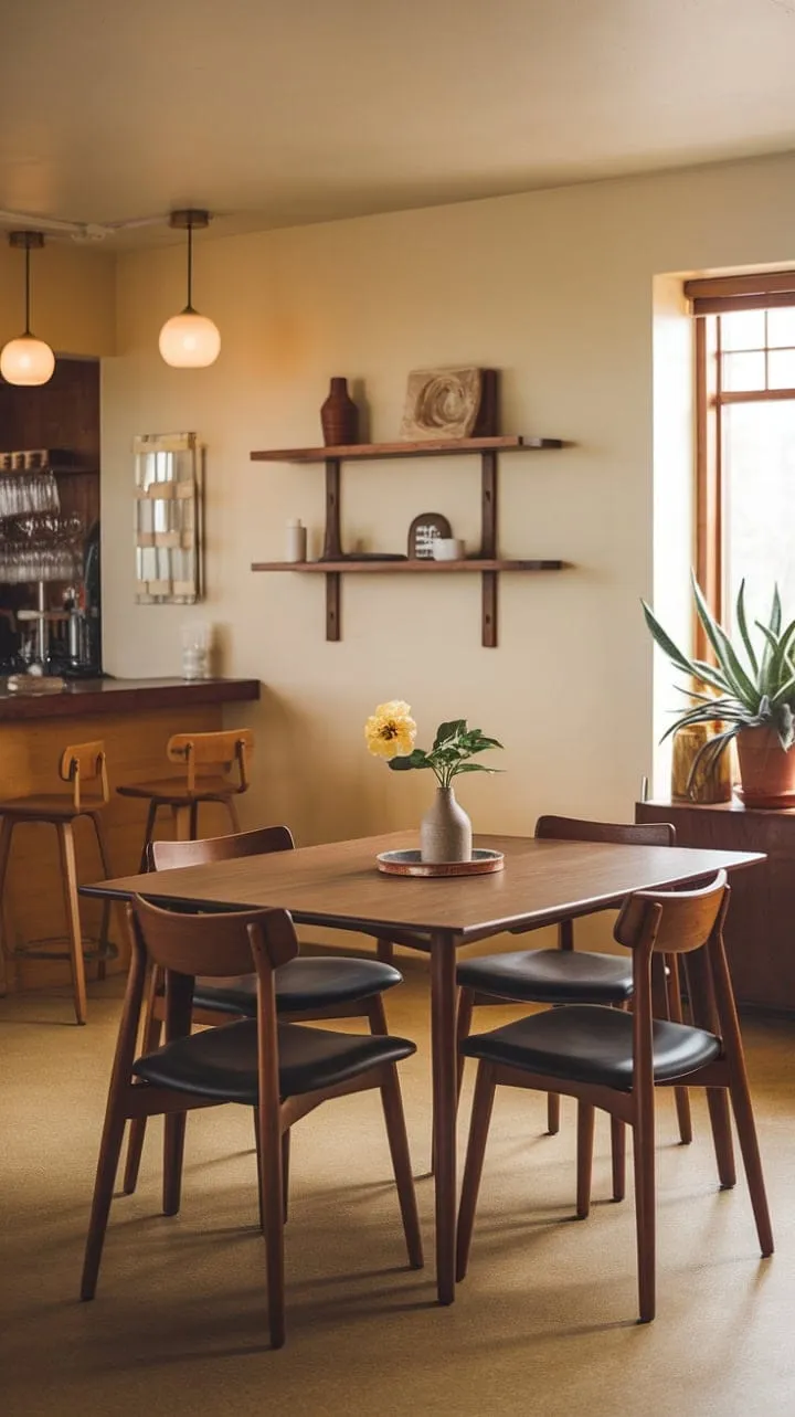This mid-century modern dining room harmoniously combines sleek design and cozy charm, featuring a wooden table, stylish bar area, and character-rich decor against warm beige walls.