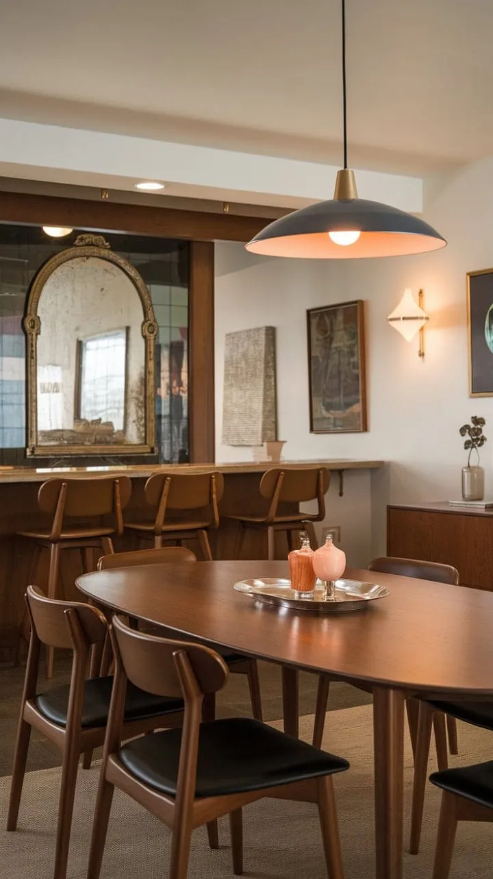 This dining space masterfully combines warm wood tones and mid-century elegance with playful retro charm, creating a sophisticated yet timeless atmosphere.