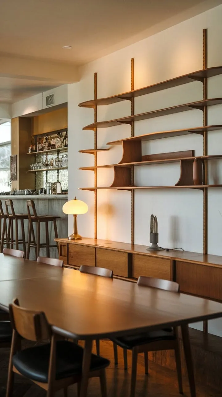This mid-century modern dining space exudes understated elegance with its warm wood tones, gentle curves, and a handcrafted shelf that beautifully ties together vintage accents.