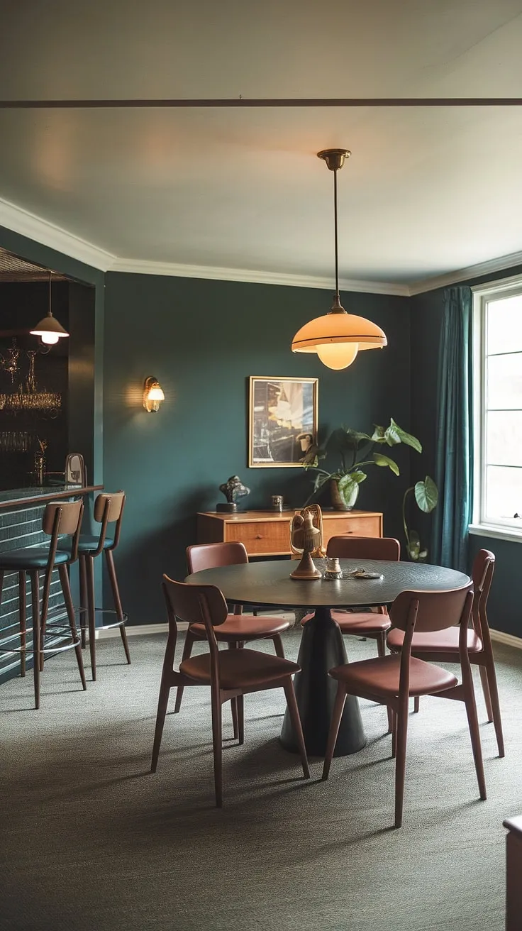 This mid-century modern dream boasts a stunning dark green accent wall, a bright white ceiling, and a perfectly curated space for entertaining. The round dining table, surrounded by six chairs, invites conversation and connection, while the adjacent bar area offers a touch of playful sophistication. The vintage lighting fixture adds a warm glow, completing this effortlessly chic and inviting a room.