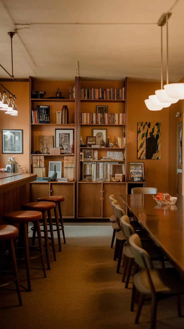 Warm honey-hued walls embrace a mid-century modern dining room, where a long wooden table sets the scene for gatherings. The vintage bar area and well-stocked bookshelf add character, creating a space brimming with warmth and inviting conversation. A classic chandelier casts a gentle glow, perfect for lingering over meals and cherished memories. This is where stories unfold.