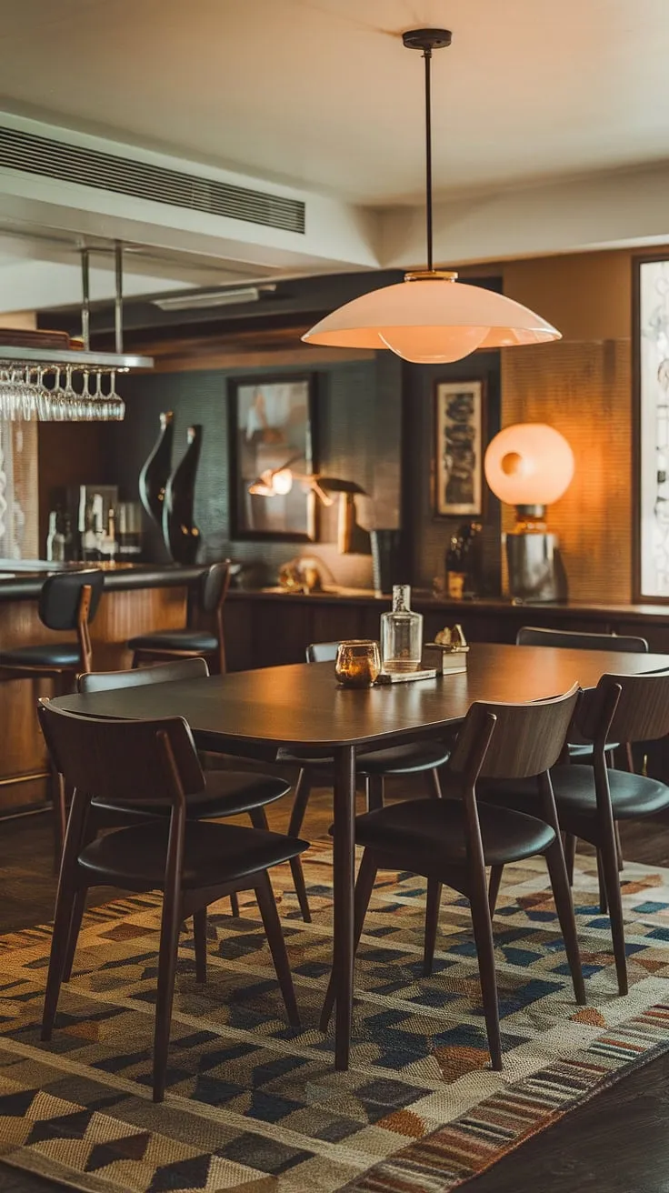 This mid-century modern dining room is a study in understated elegance. The rich tones of the dark wood table and chairs are beautifully offset by the patterned rug and warm lighting, creating an inviting atmosphere perfect for intimate gatherings. A thoughtfully placed vintage lamp and vase add character and personality to the space.