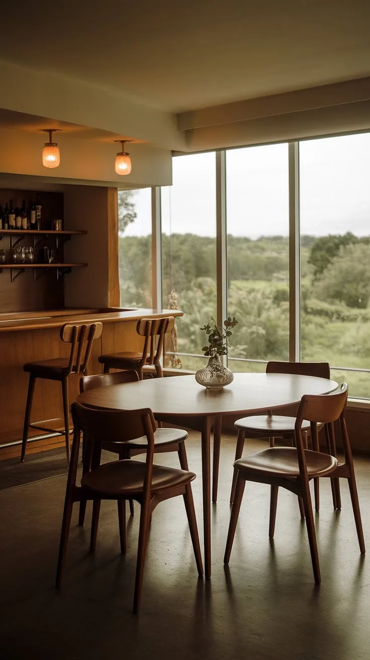 This mid-century modern dining room is a sanctuary of calm. A stunning view, warm lighting, and the rich textures of the wooden furniture create an atmosphere of relaxed sophistication. The addition of a retro bar area adds a touch of playful elegance. A space designed for both intimate dinners and lively gatherings. A dream come true.