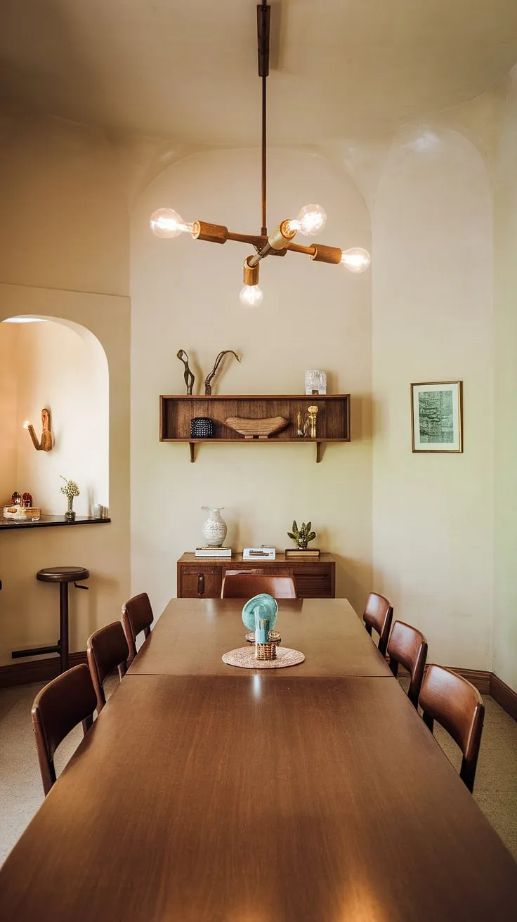 Warm lighting bathes this mid-century modern dining room, creating an inviting atmosphere. The rich tones of the wooden table and chandelier, complemented by the soft beige walls, evoke a sense of timeless elegance. A small bar area adds a touch of sophisticated functionality, perfect for hosting gatherings. The overall aesthetic is one of relaxed sophistication, a testament to the enduring appeal of classic design.