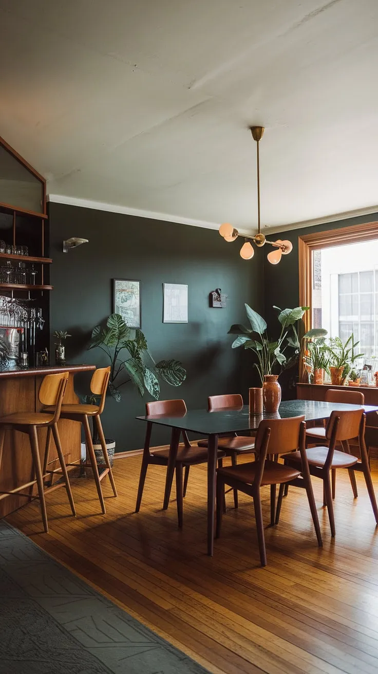This mid-century modern dream boasts a stunning dark green accent wall, a bright white ceiling, and rich wooden floors. A perfect blend of retro charm and modern functionality, this space effortlessly combines a stylish dining area with a convenient bar, creating the ideal setting for gatherings and relaxed evenings. A true testament to classic design.