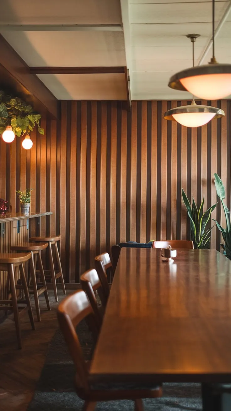 This mid-century modern dining room is a study in understated elegance. The rich wood paneling, paired with the sleek lines of the dining table and bar area, creates a sophisticated yet relaxed atmosphere. A few carefully chosen plants add a touch of life and warmth, making it the perfect setting for intimate gatherings. The vintage details add character and charm.