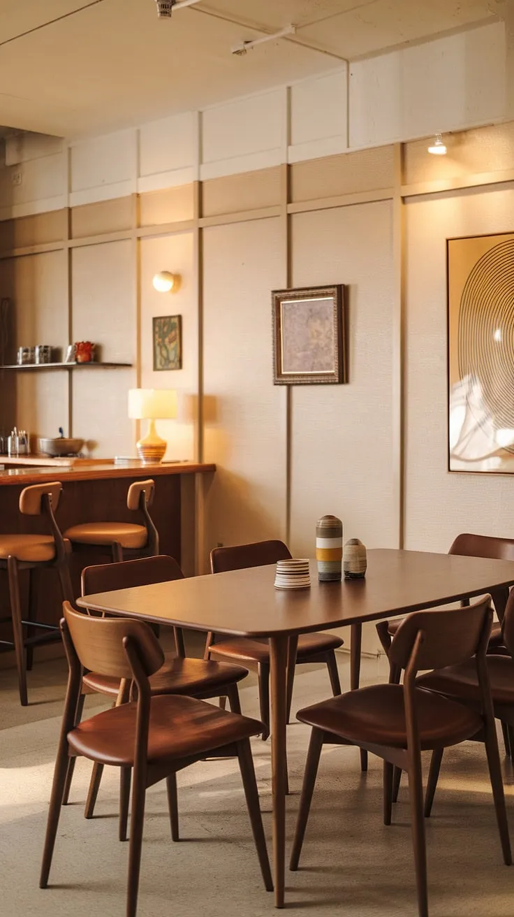 This mid-century modern dining room is a study in understated sophistication. The neutral palette is punctuated by carefully chosen artwork, while the wooden dining table and bar area offer both functionality and style. A truly captivating space, perfect for entertaining or simply enjoying quiet evenings. A testament to classic design.