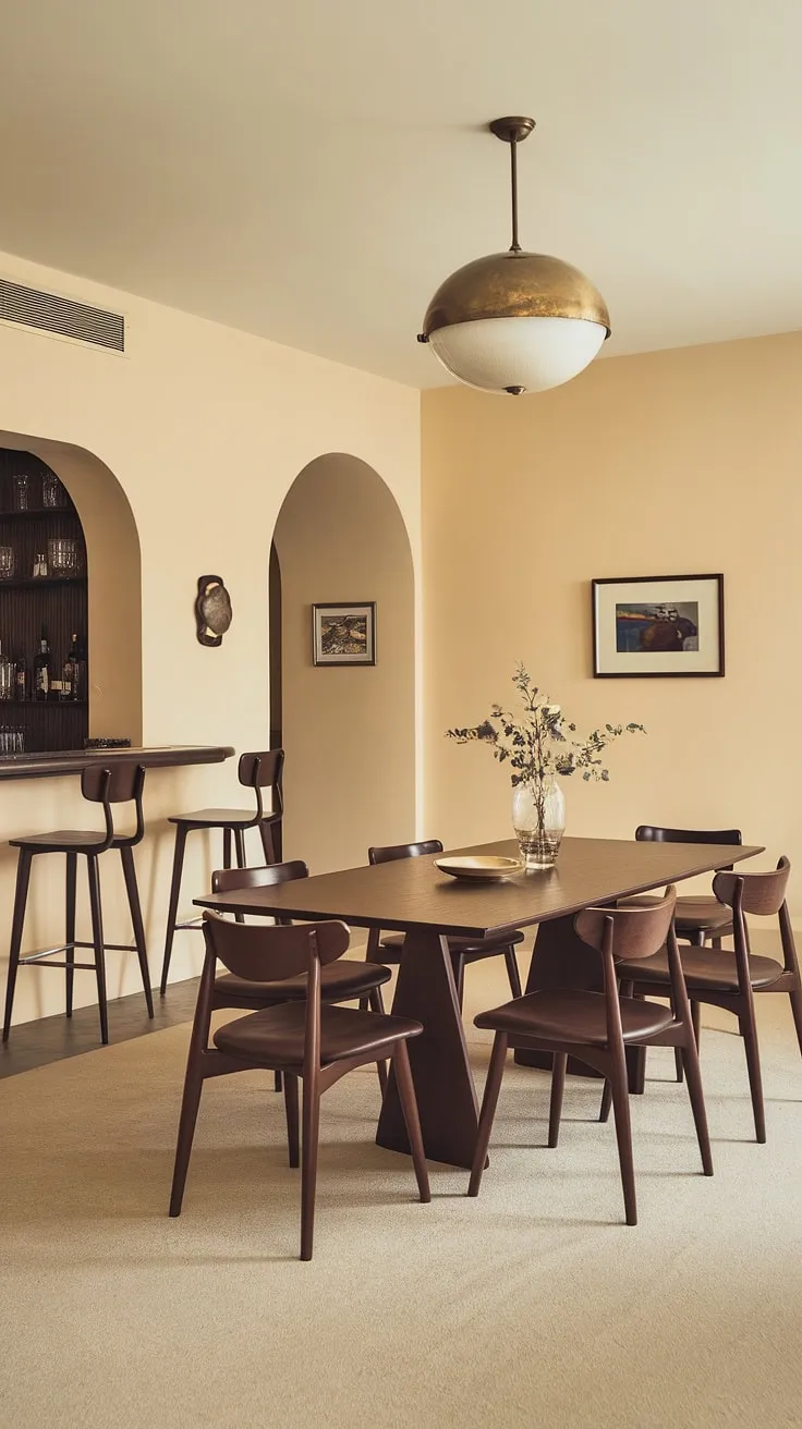 Warm beige walls and a sculptural bronze pendant light illuminate the rich tones of this mid-century modern dining room. The curved backs of the dark wood dining chairs invite conversation, while the built-in bar adds a touch of sophisticated ease. A perfect setting for intimate gatherings and cherished memories.