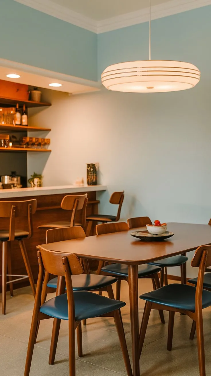 Step back in time to this mid-century modern dream. The soft blue walls, warm lighting, and sleek wooden dining set create an effortlessly cool atmosphere, perfect for hosting gatherings and enjoying intimate dinners. A stylish bar area adds a touch of retro sophistication, completing this effortlessly chic space.