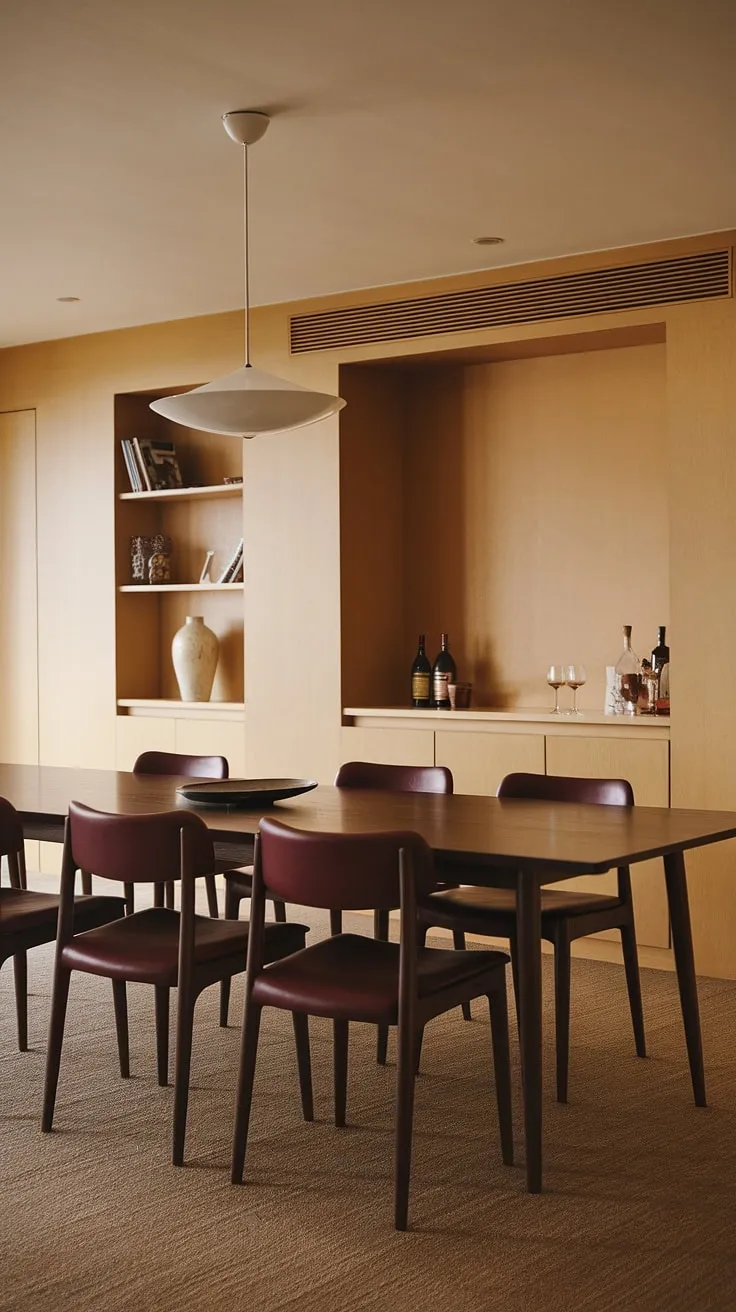 This mid-century modern dining room is the epitome of sophisticated comfort. The dark wood table, complemented by the curved chairs and warm red upholstery, creates a space perfect for intimate gatherings. The built-in shelving and bar area add functionality and style, while the warm lighting enhances the overall ambiance. A truly timeless design.
