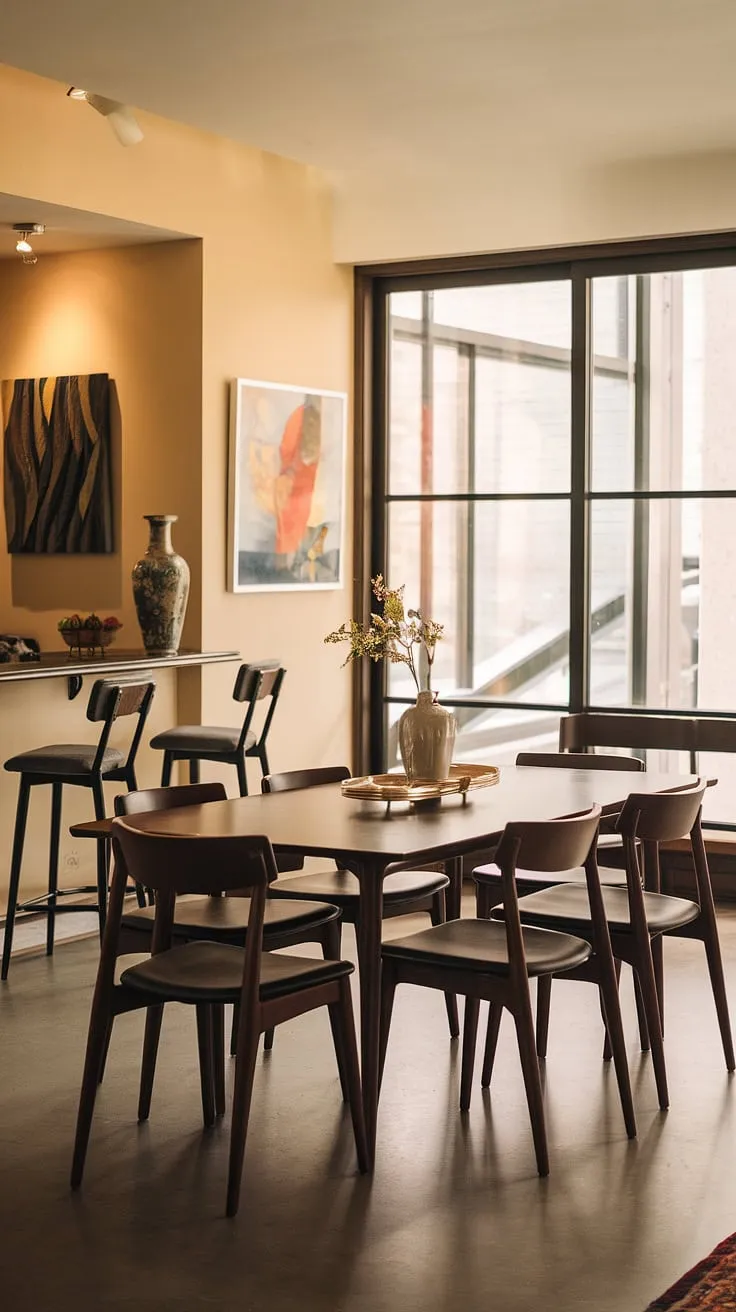 Warm light spills across the dark wood of this mid-century modern dining set, creating a cozy atmosphere perfect for intimate gatherings. The large window offers a stunning view, while the bar area adds a touch of sophisticated functionality. A curated collection of art completes the scene, showcasing a refined aesthetic.
