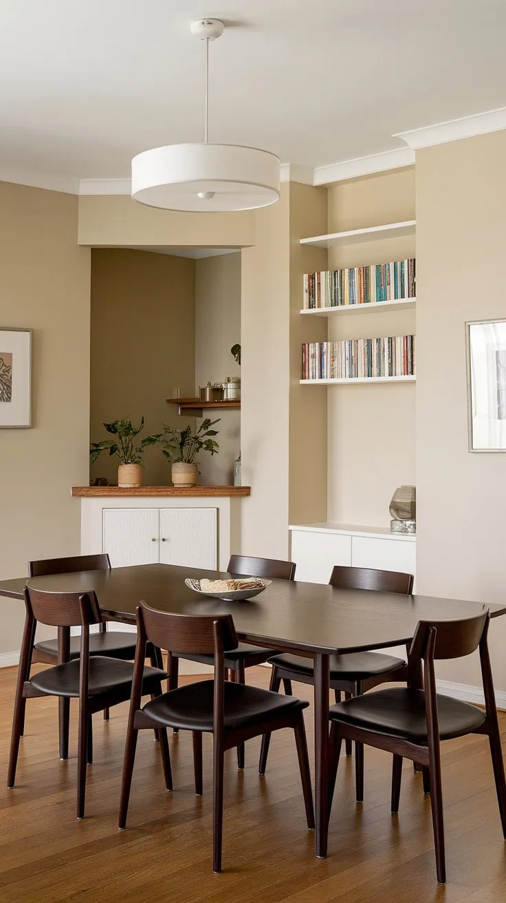This mid-century modern space effortlessly blends functionality and style. The dark wood dining table anchors the room, complemented by the sleek white cabinetry and the soft beige walls. A quiet sanctuary for intimate dinners and cherished memories.