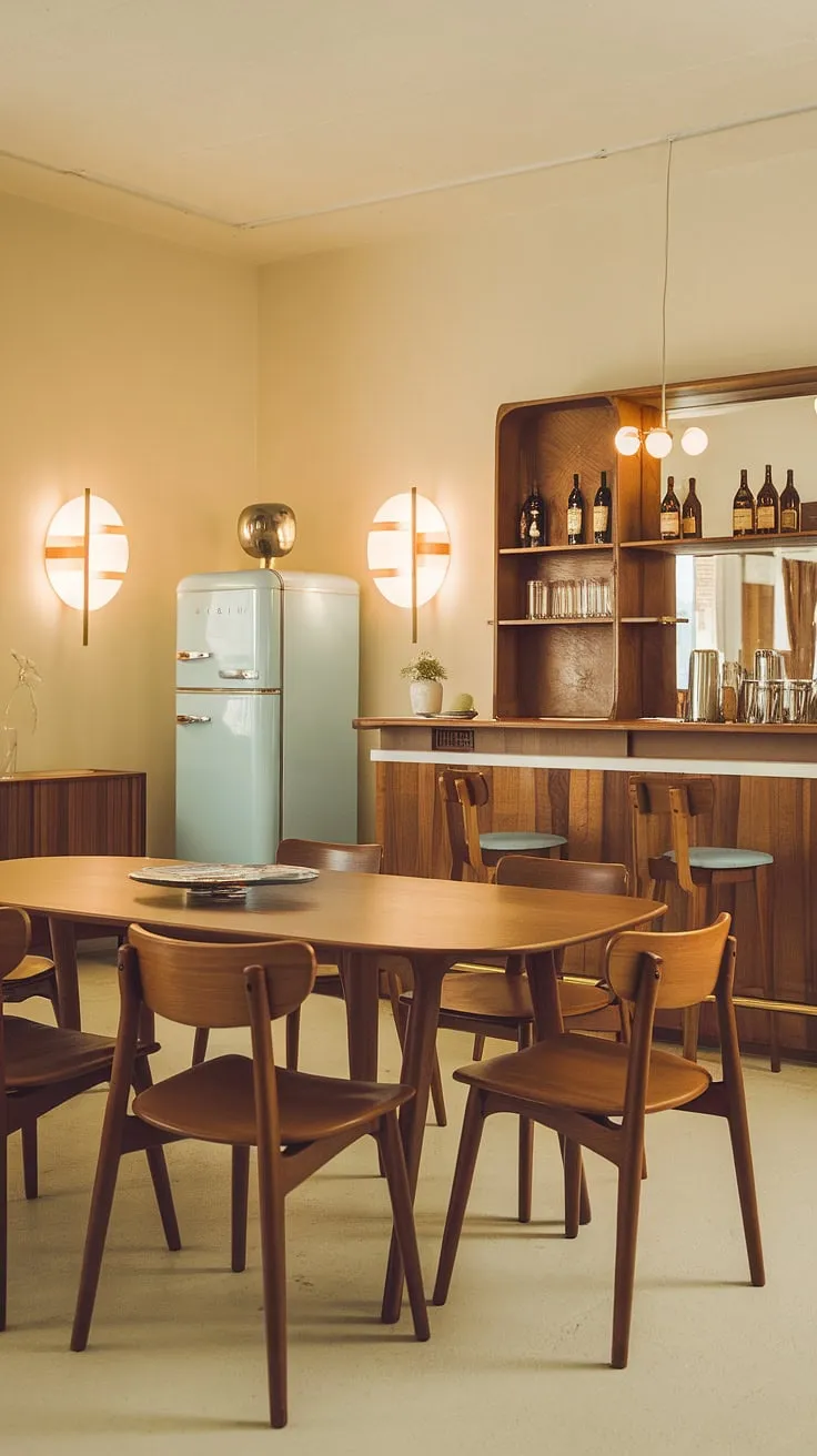 Step back in time in this charming mid-century modern space. The rich tones of the wooden dining set create a warm and inviting atmosphere, complemented by the retro refrigerator and a bar area perfect for hosting. A timeless design that effortlessly blends functionality and style.
